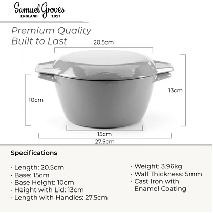 Gray enameled cast iron pot with dimensions and specifications on a white background