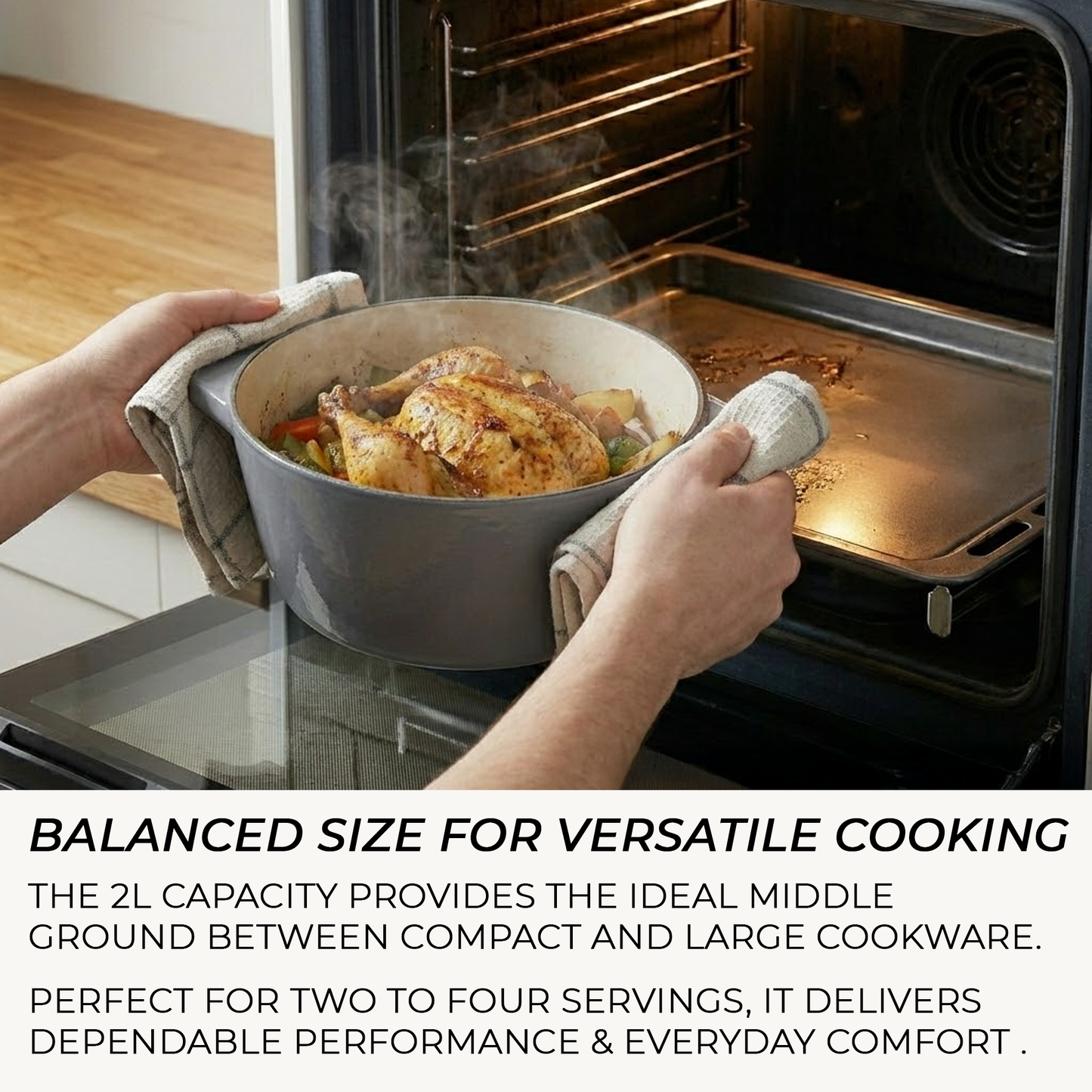 Person removing a dish of food from an oven with text about cookware capacity