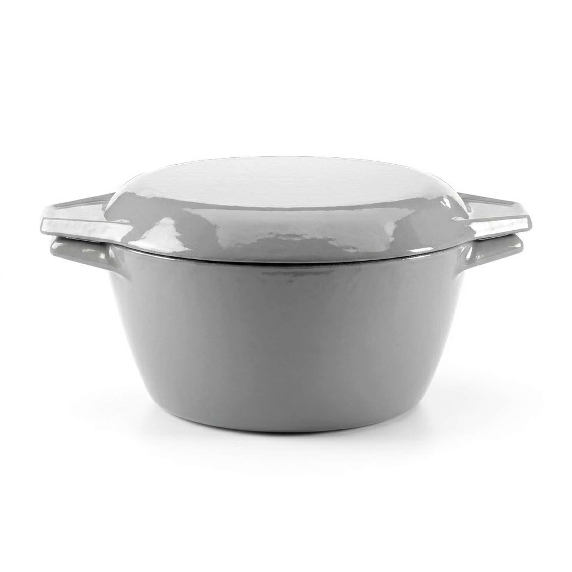 Gray enameled cast iron Dutch oven with a lid on a white background