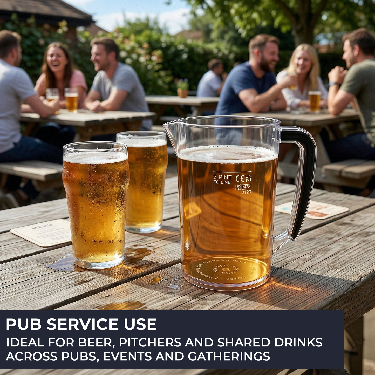 Two glasses and a pitcher of beer on a wooden table with people in the background, text indicating pub service use.