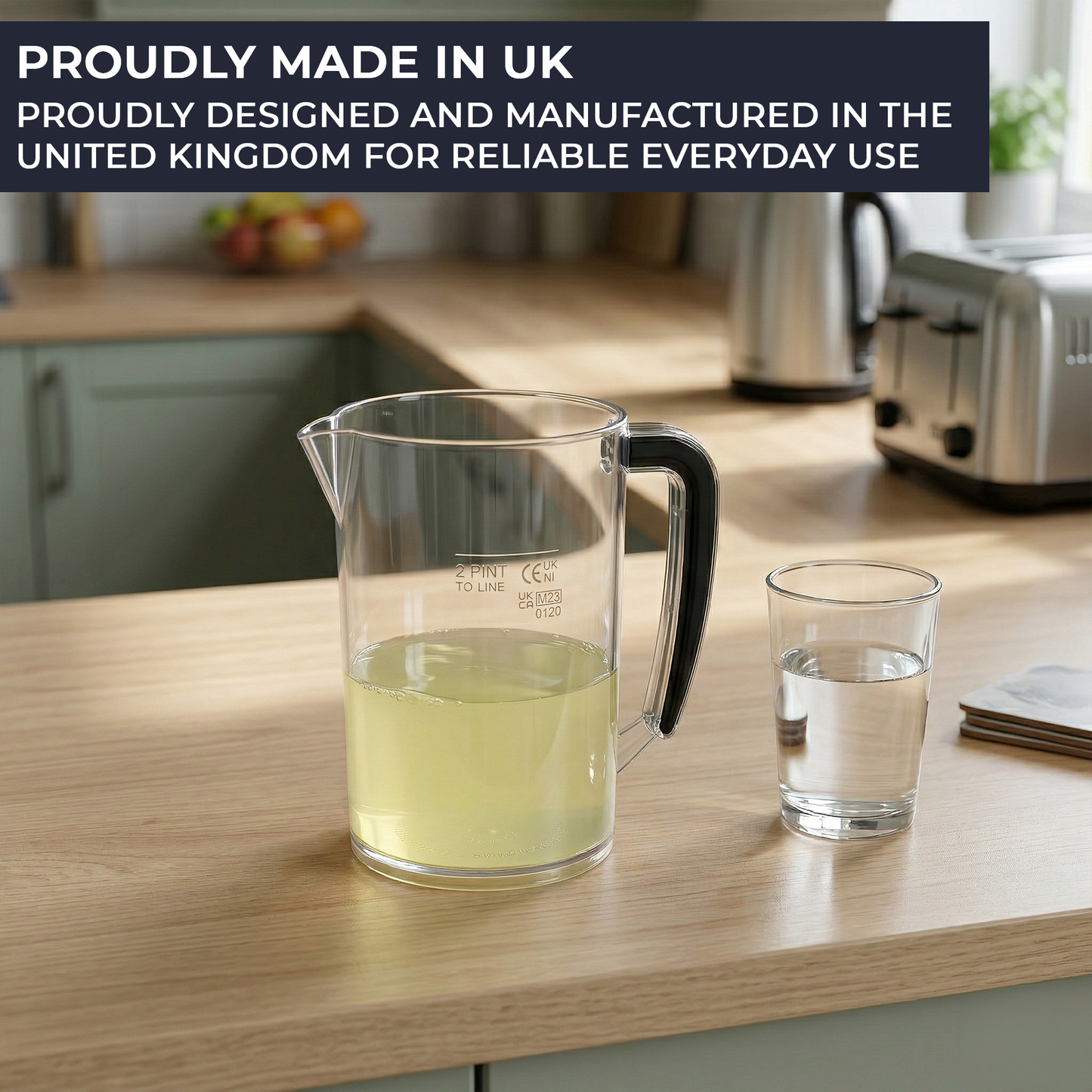 2 pint plastic water jug in kitchen serving cold drinks fridge storage