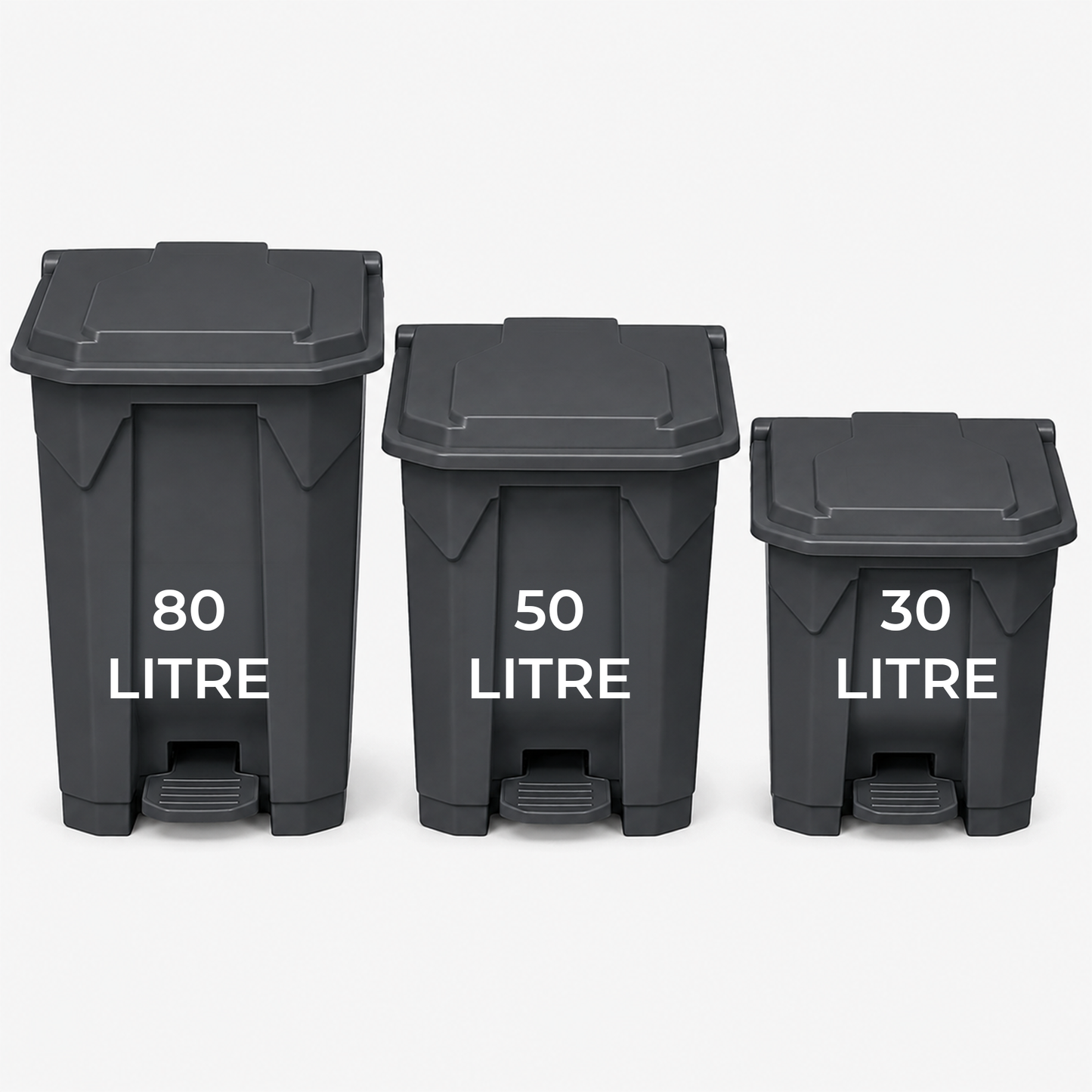 80 litre grey commercial waste bin with step-on opening and smooth wipe-clean plastic finish