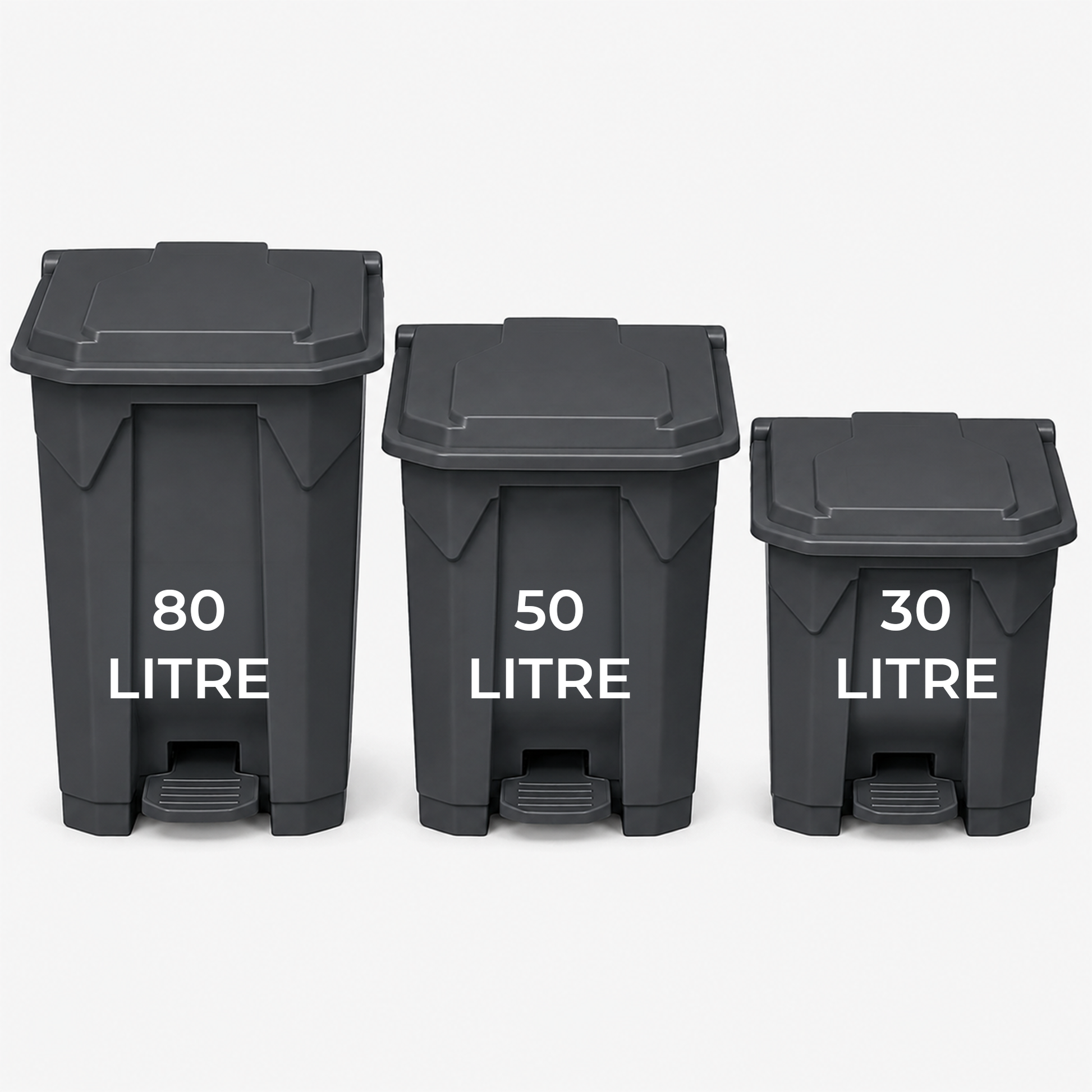 80 litre grey commercial waste bin with step-on opening and smooth wipe-clean plastic finish