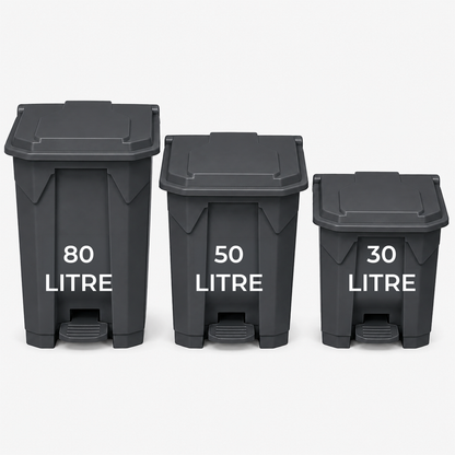 80 litre grey commercial waste bin with step-on opening and smooth wipe-clean plastic finish
