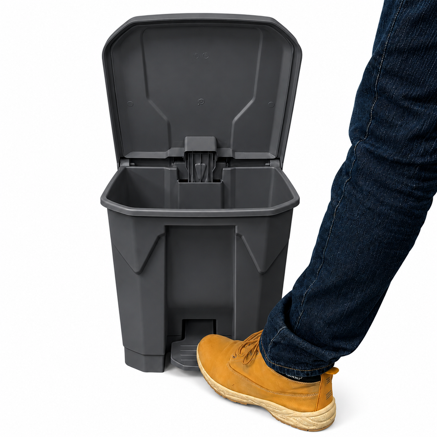 Durable grey plastic pedal waste bin for recycling and general rubbish