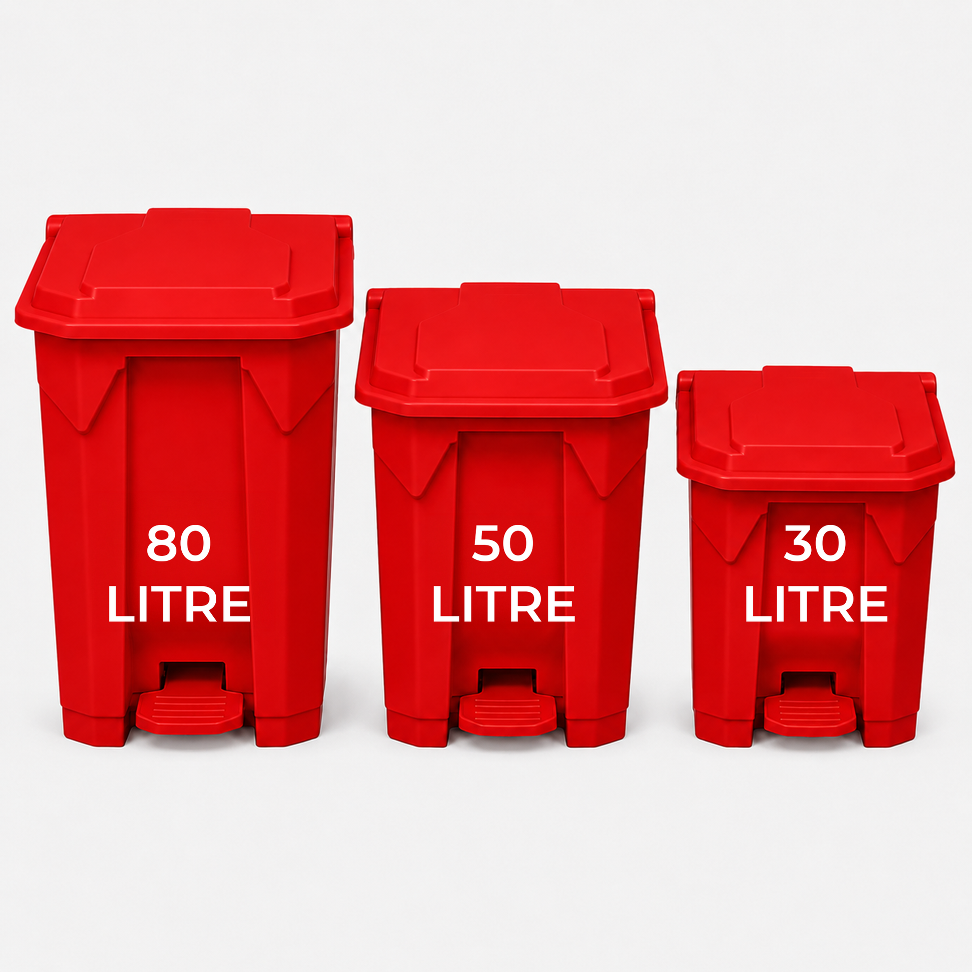 80 litre red commercial waste bin with step-on opening and smooth wipe-clean plastic finish