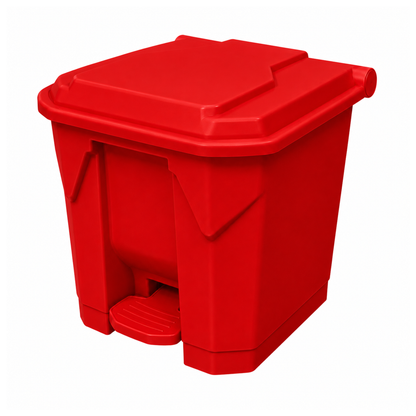 Red 30 litre foot pedal bin with lid for hygienic waste disposal