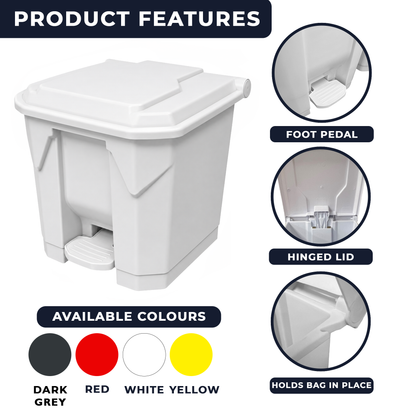 30 Litre White Step-on Pedal Clinical Waste Bin - Hands-Free Waste Bin for Hospitals, Clinics & Offices