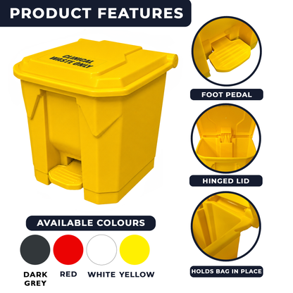 30 Litre Yellow Clinical Waste Step-on Pedal Bin - Hands-Free Waste Bin for Hospitals, Clinics & Office