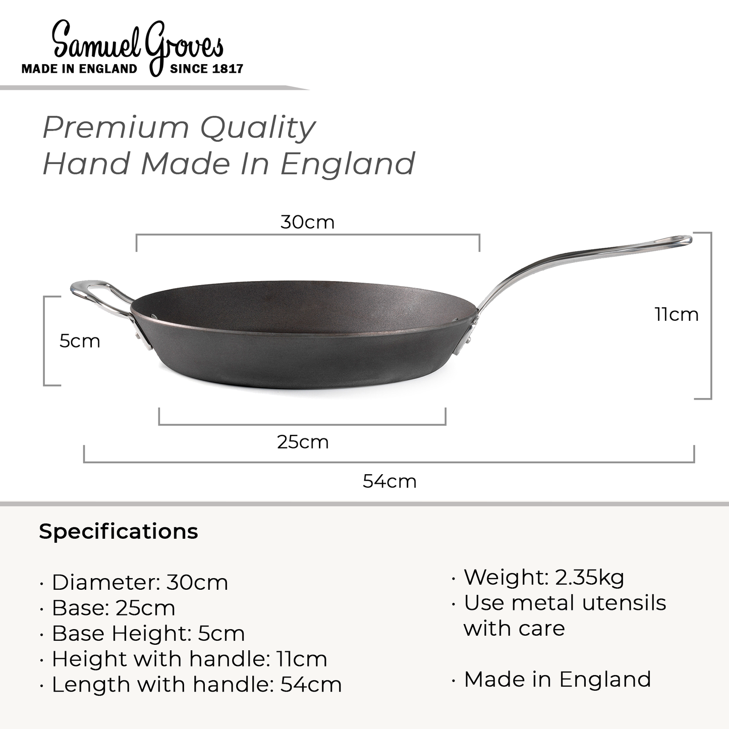 30cm 12 inch carbon steel frying pan dimensions UK made induction compatible