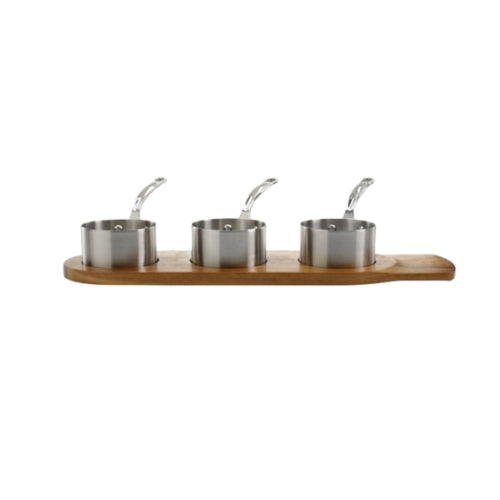 3-piece 9cm stainless steel saucepans with wooden tray.