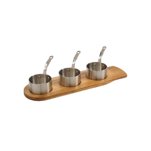 3-piece 9cm stainless steel saucepans with wooden tray.