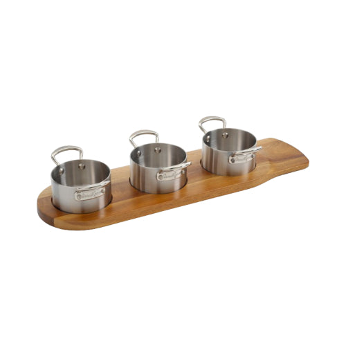 3-piece 9cm stainless steel casserole set with wooden tray