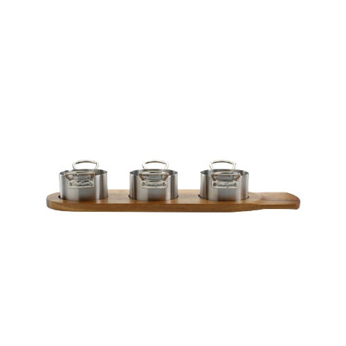 3-piece 9cm stainless steel casserole set with wooden tray