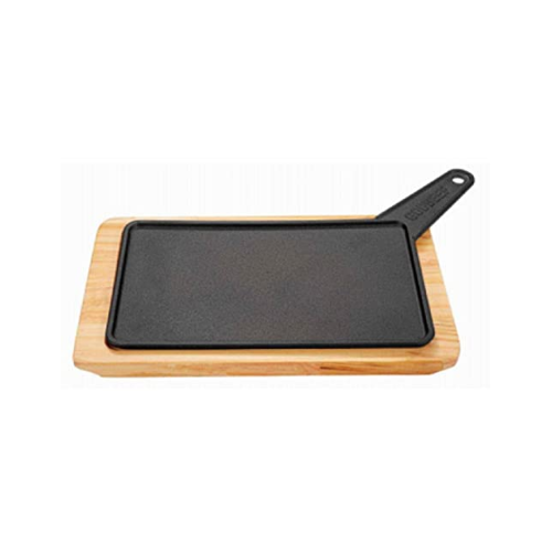 S 28cm Cast Iron Rectangle Skillet Pre Seasoned with Wooden Undertray by Chabrias LTD - Premium Kitchen from Chabrias Ltd - Just £18.99! Shop now at Chabrias Ltd