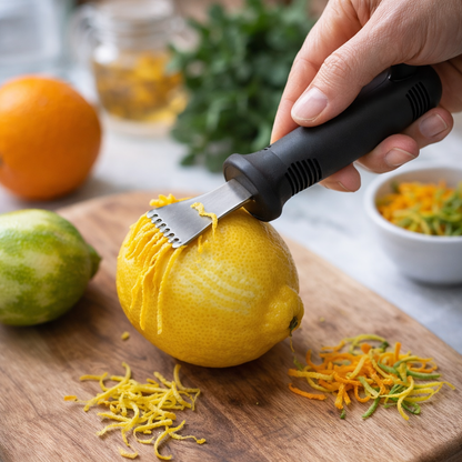 Lemon Zester Peeler, Professional Stainless Steel Zesting Tool for Gin Cocktails, Lime, Oranges - Kitchen Tool with Rubber Grip Handle - 146 mm (5.75")