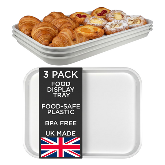 White plastic food display tray UK-made 3 pack