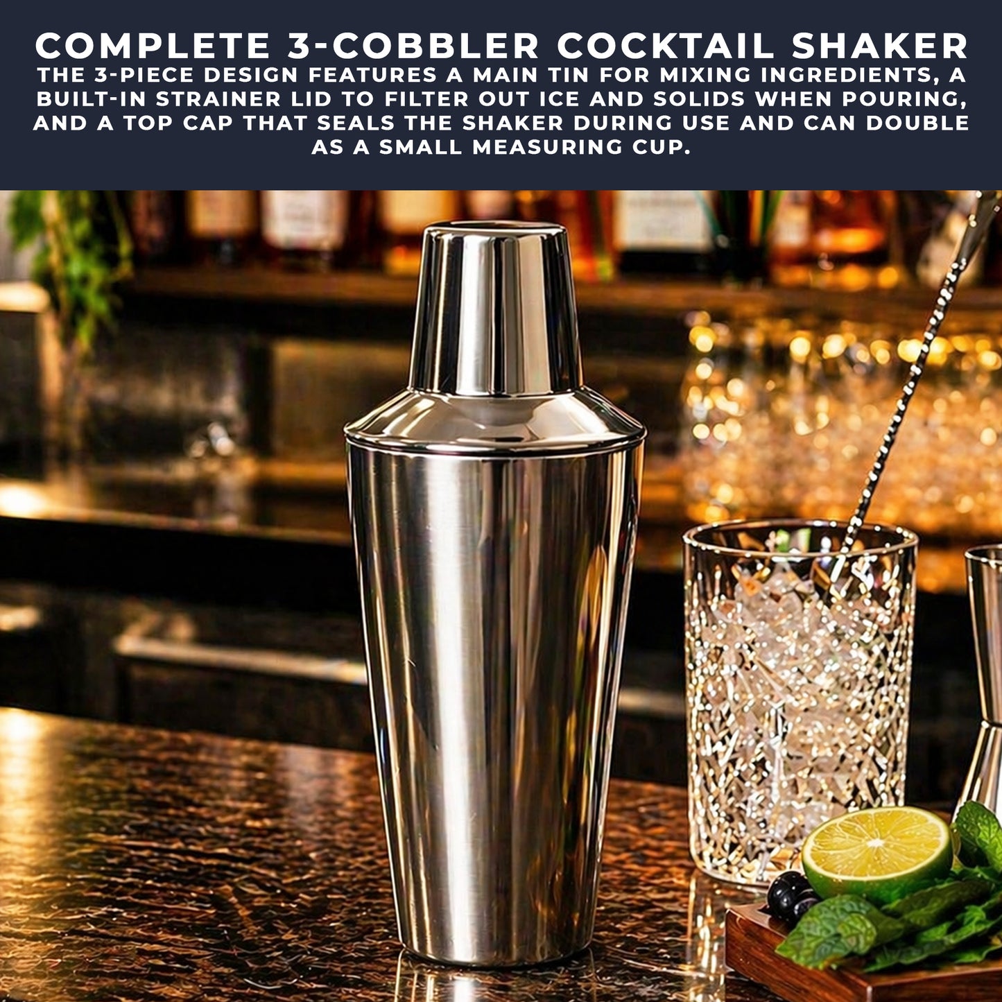 Premium Stainless Steel Cocktail Shaker Set 3 Piece 750ml Built-In Strainer Professional Bartender Kit Leakproof Dishwasher Safe