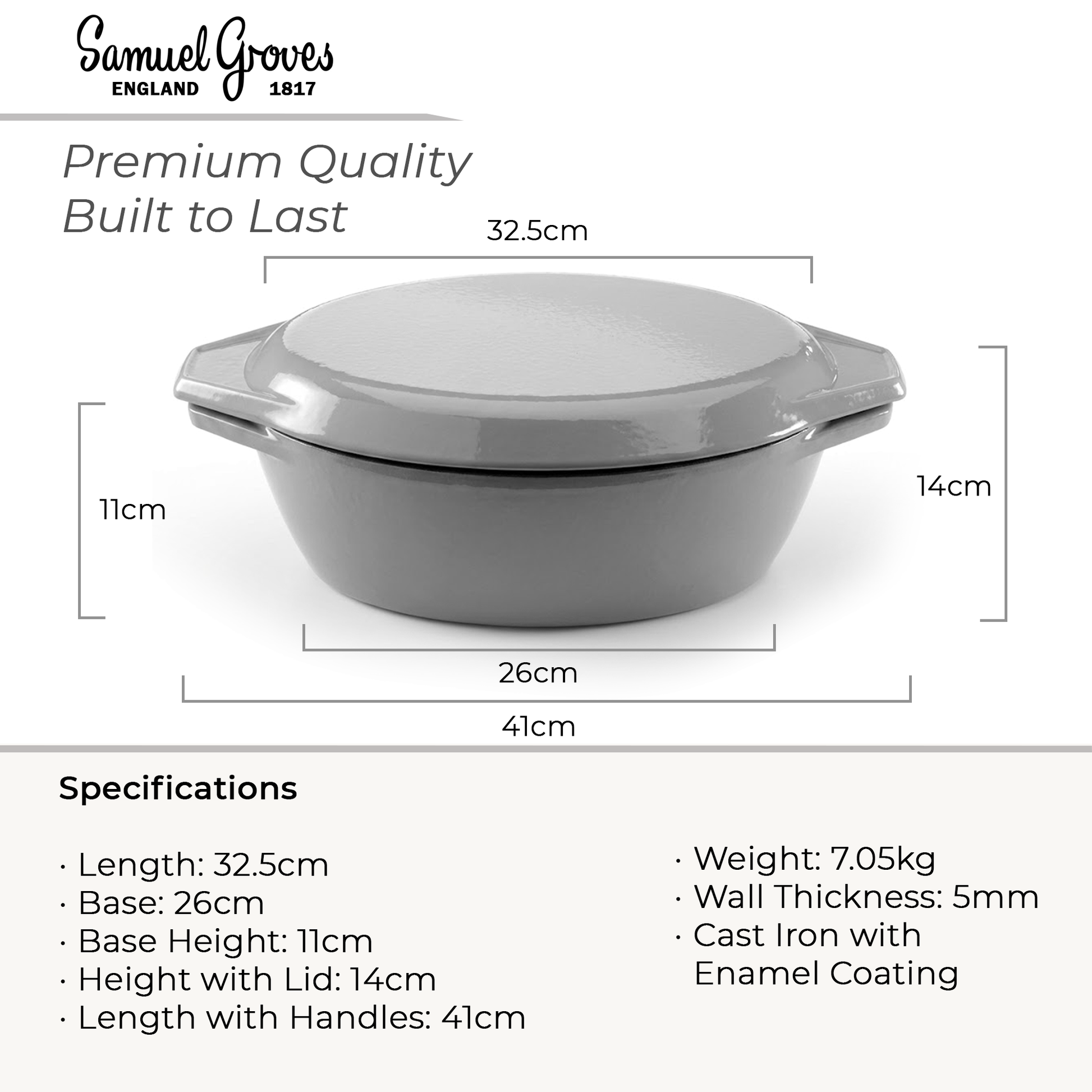 Gray cast iron pot with dimensions and specifications on a white background