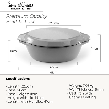 Gray cast iron pot with dimensions and specifications on a white background