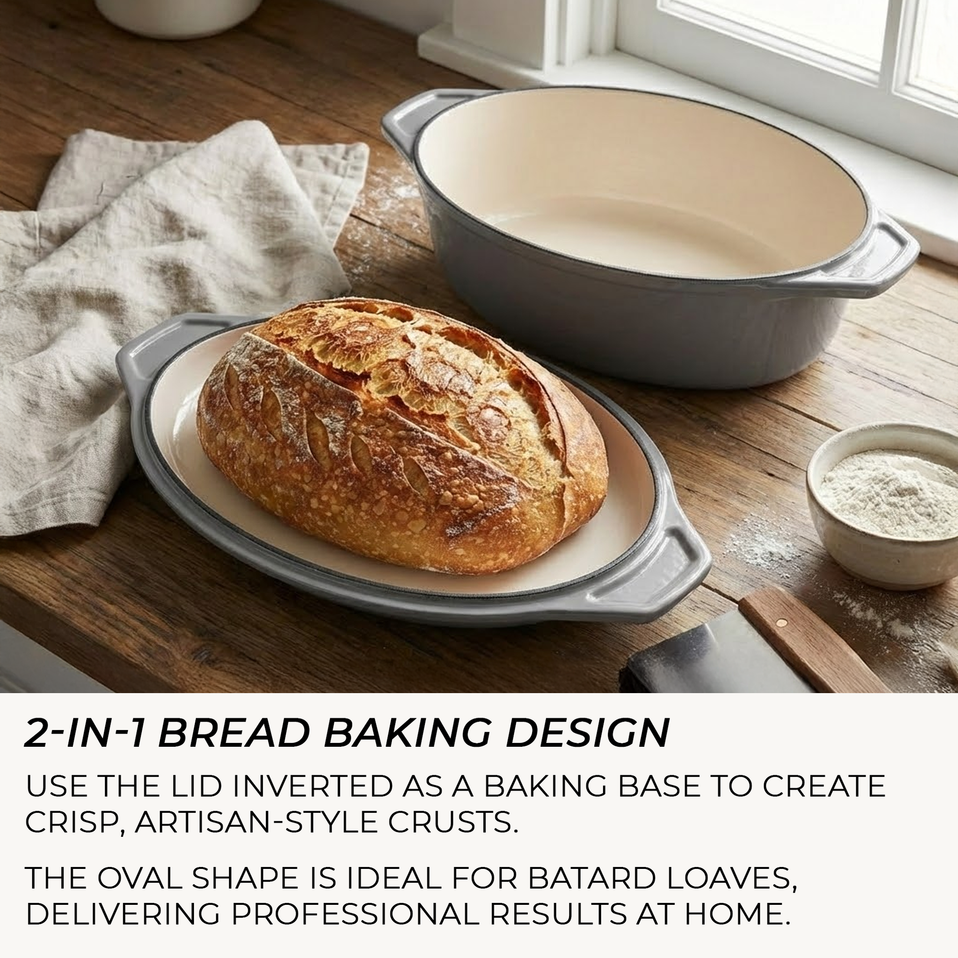 Baked loaf of bread on a baking dish with text about a 2-in-1 bread baking design.