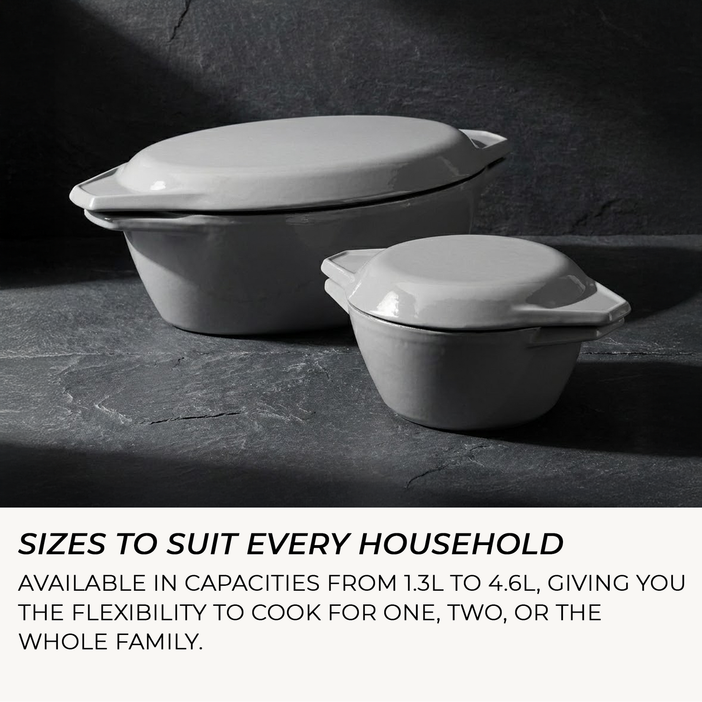 Two gray ceramic cookware items on a dark surface with text about size options.