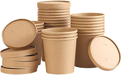 Disposable Kraft Soup Ice Cream Container with Lids 25pcs Compostable Biodegradable Brown Takeaway Paper Bowl Containers Cardboard Round Deli Tubs Lids Heavy Duty - Premium Kitchen from Chabrias Ltd - Just £9.99! Shop now at Chabrias Ltd