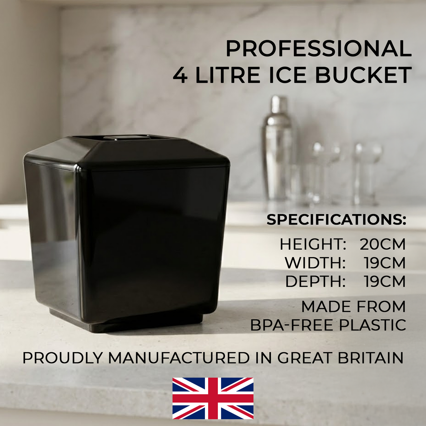 Black plastic square ice bucket with removable lid for drinks stations