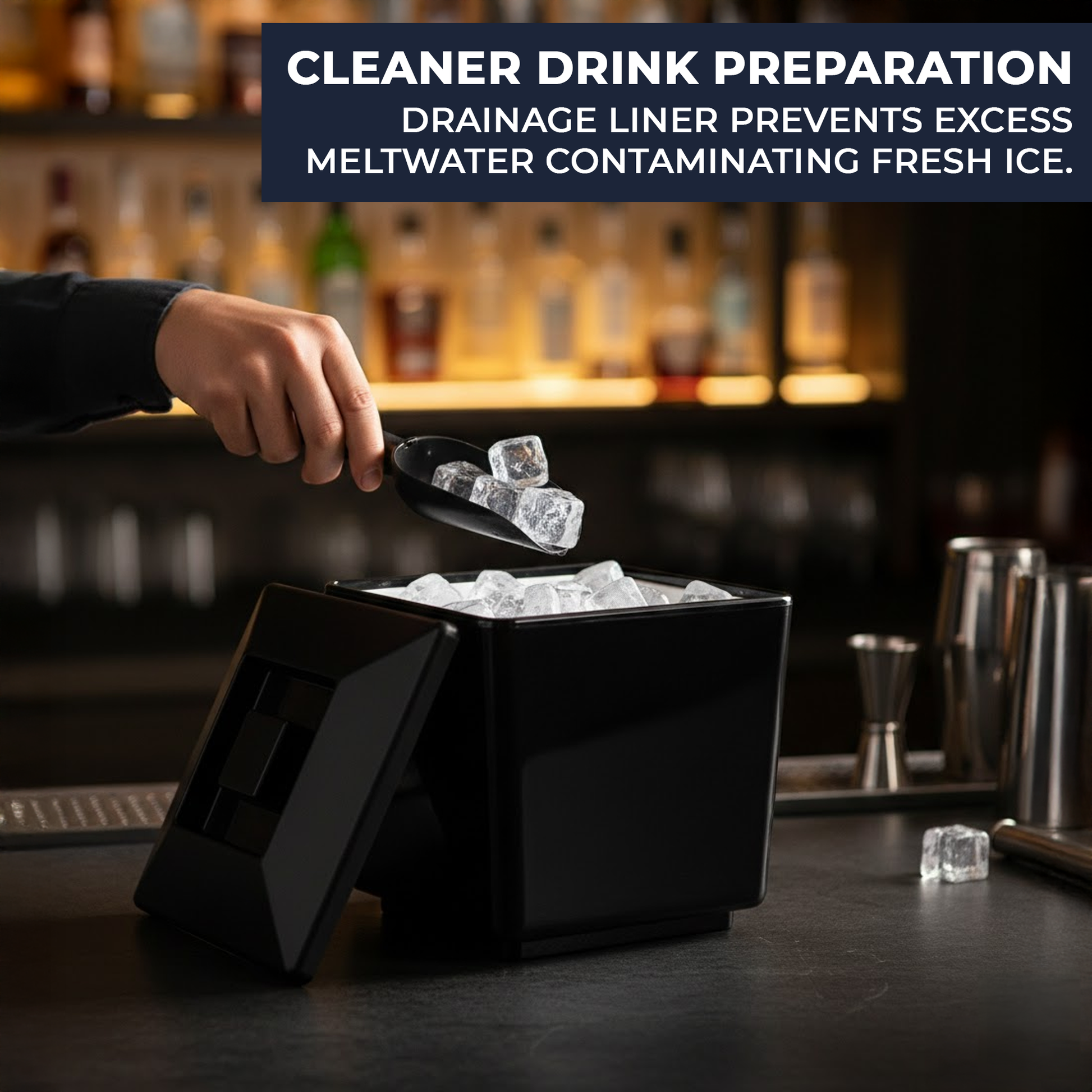 Black square cocktail ice bucket with lid for garden parties and events