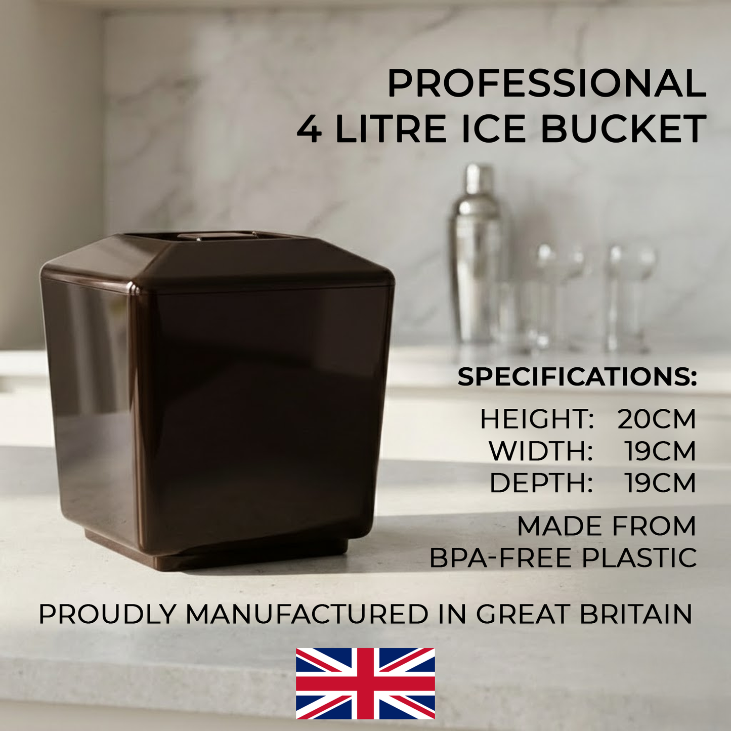 Brown 4 Litre Square Insulated Ice Bucket with Lid & Drainage Liner – BPA-Free Plastic Ice Bucket – UK Made