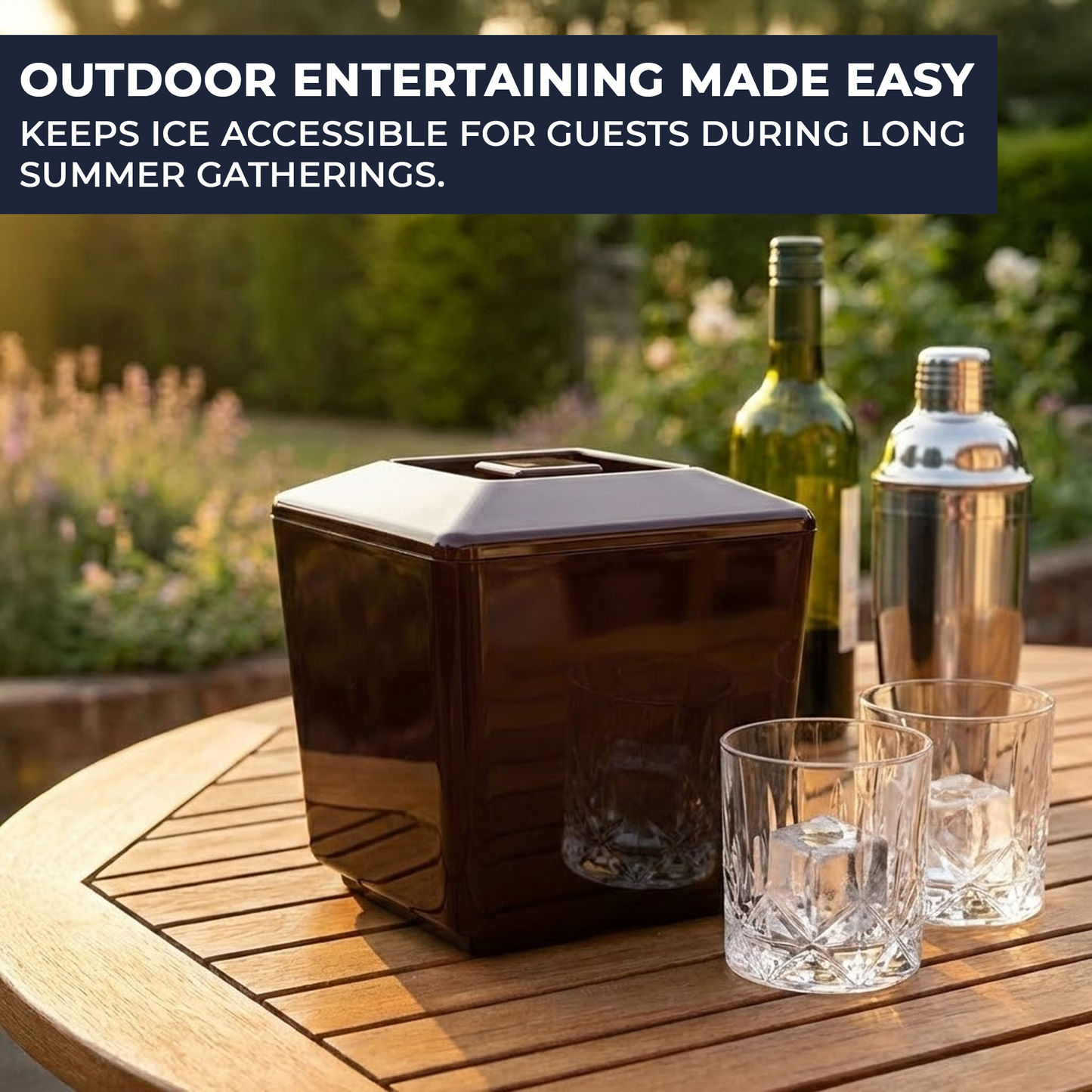 Brown 4 Litre Square Insulated Ice Bucket with Lid & Drainage Liner – BPA-Free Plastic Ice Bucket – UK Made