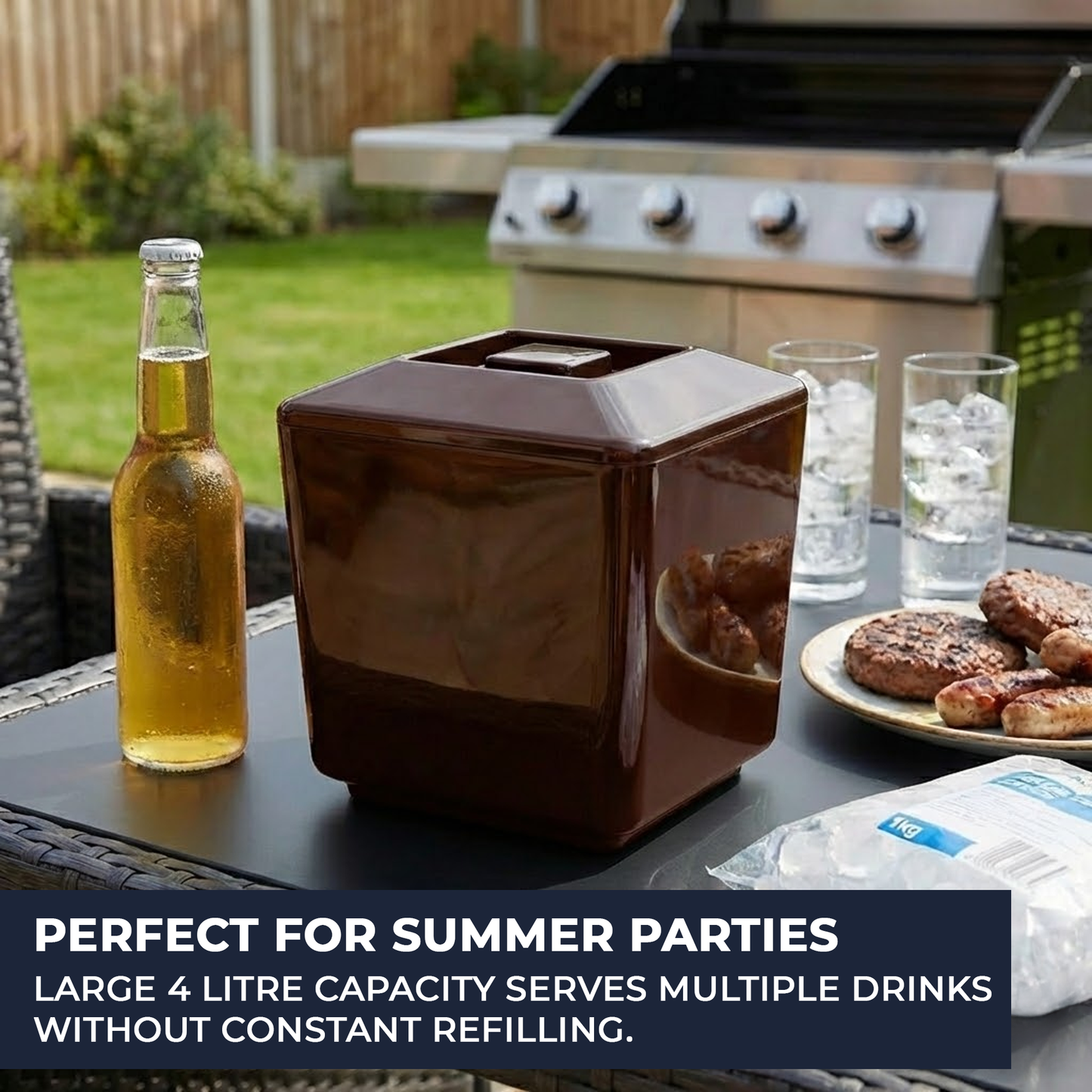 Brown 4 Litre Square Insulated Ice Bucket with Lid & Drainage Liner – BPA-Free Plastic Ice Bucket – UK Made