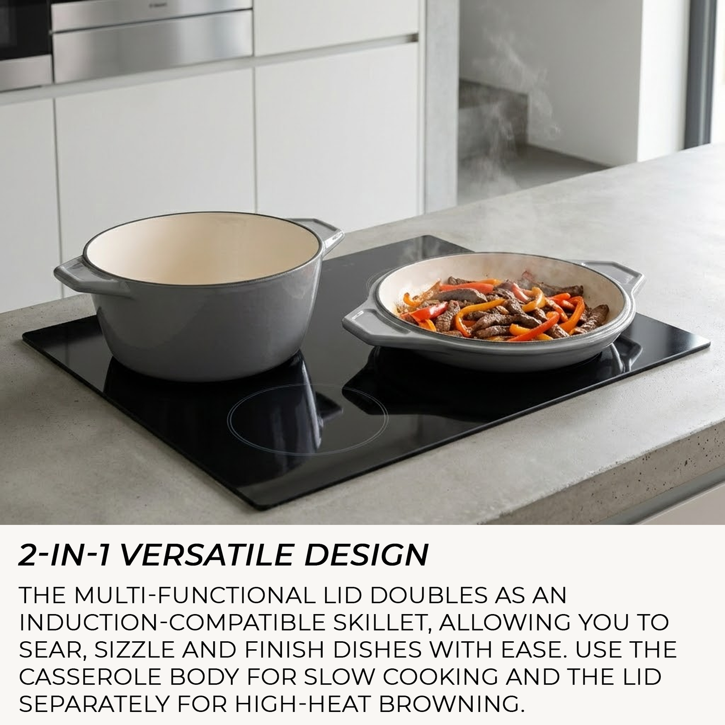 Multi-functional lid on a stove with food cooking inside, kitchen setting.