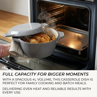 Person removing a casserole dish from an open oven with text about the dish's capacity and uses.