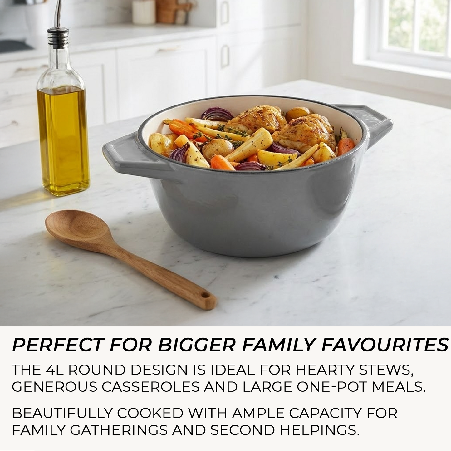 Gray casserole dish with roasted vegetables on a marble countertop, with text about its capacity for family meals.