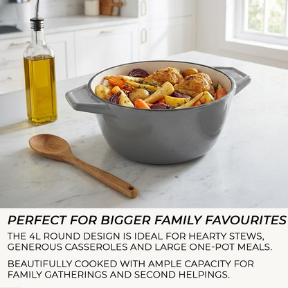 Gray casserole dish with roasted vegetables on a marble countertop, with text about its capacity for family meals.