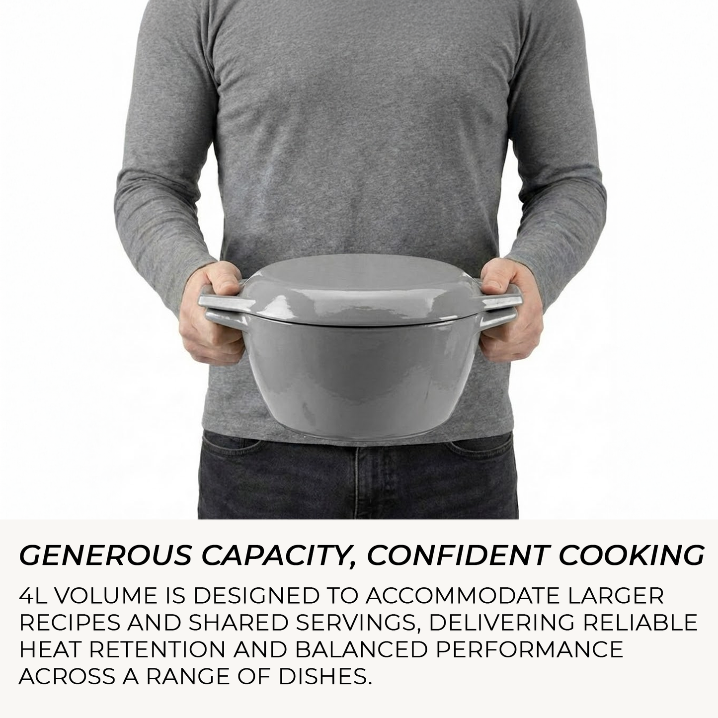 Person holding a large gray bowl with text about its capacity and performance.