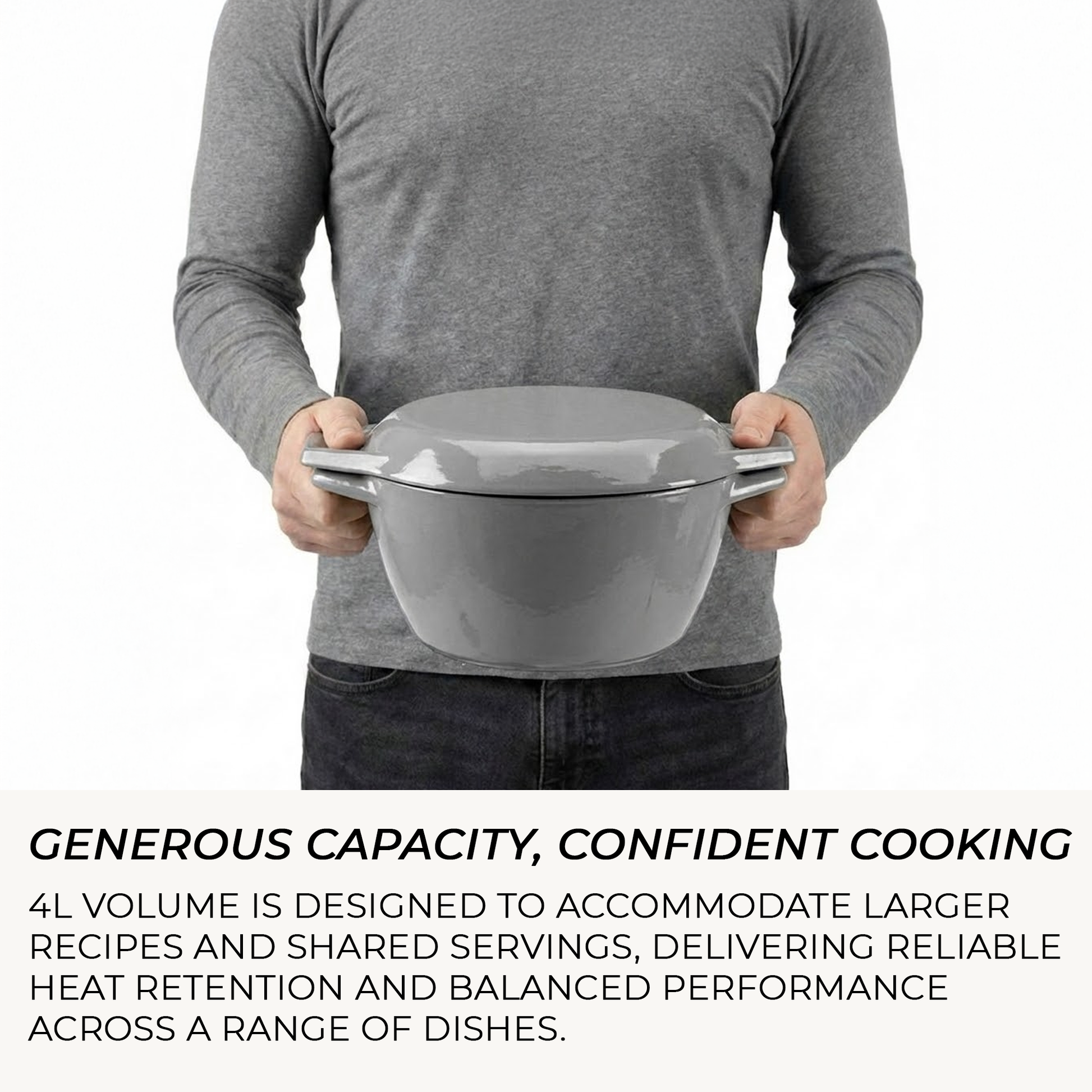 Person holding a large gray bowl with text about its capacity and performance.