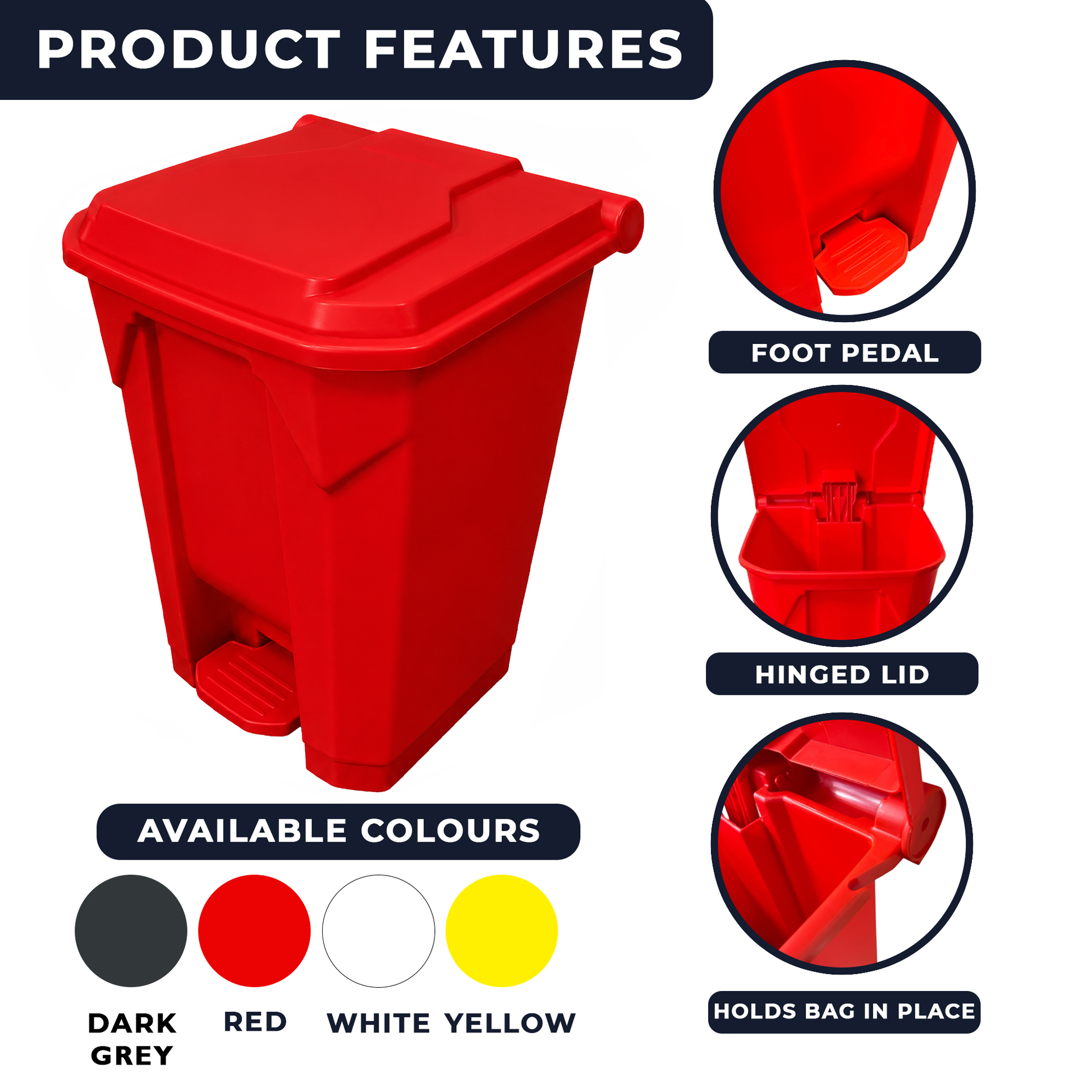 50L red hospital waste bin with foot pedal opening and secure lid
