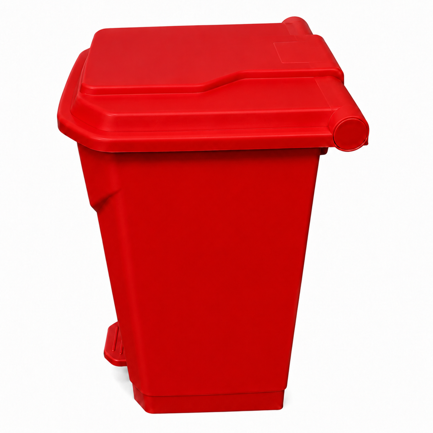 Red clinical pedal bin with hygienic foot operated lid for commercial waste disposal
