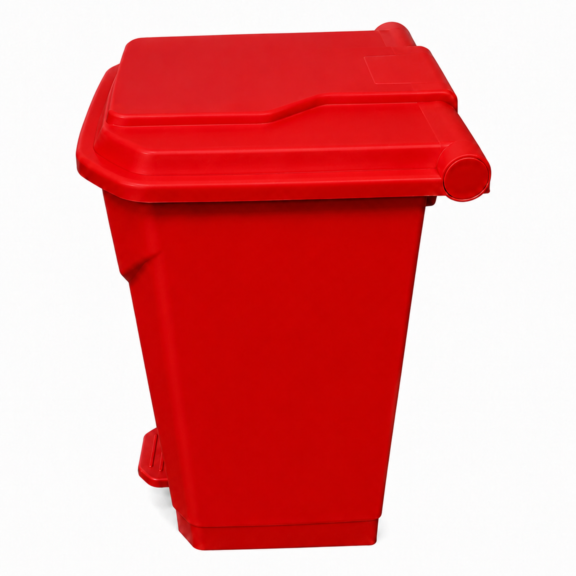 Red clinical pedal bin with hygienic foot operated lid for commercial waste disposal