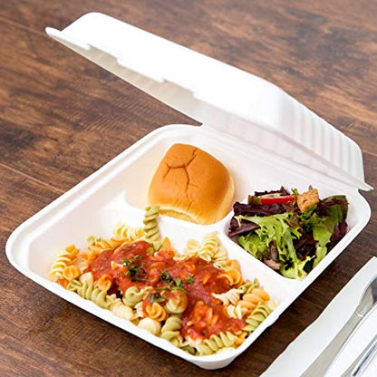 Chabrias Ltd 50x Biodegradable Bagasse Takeaway Takeout Clamshell Container 9"x9"x3" - 3 Compartmet Box White - Premium Home from Chabrias Ltd - Just £14.99! Shop now at Chabrias Ltd