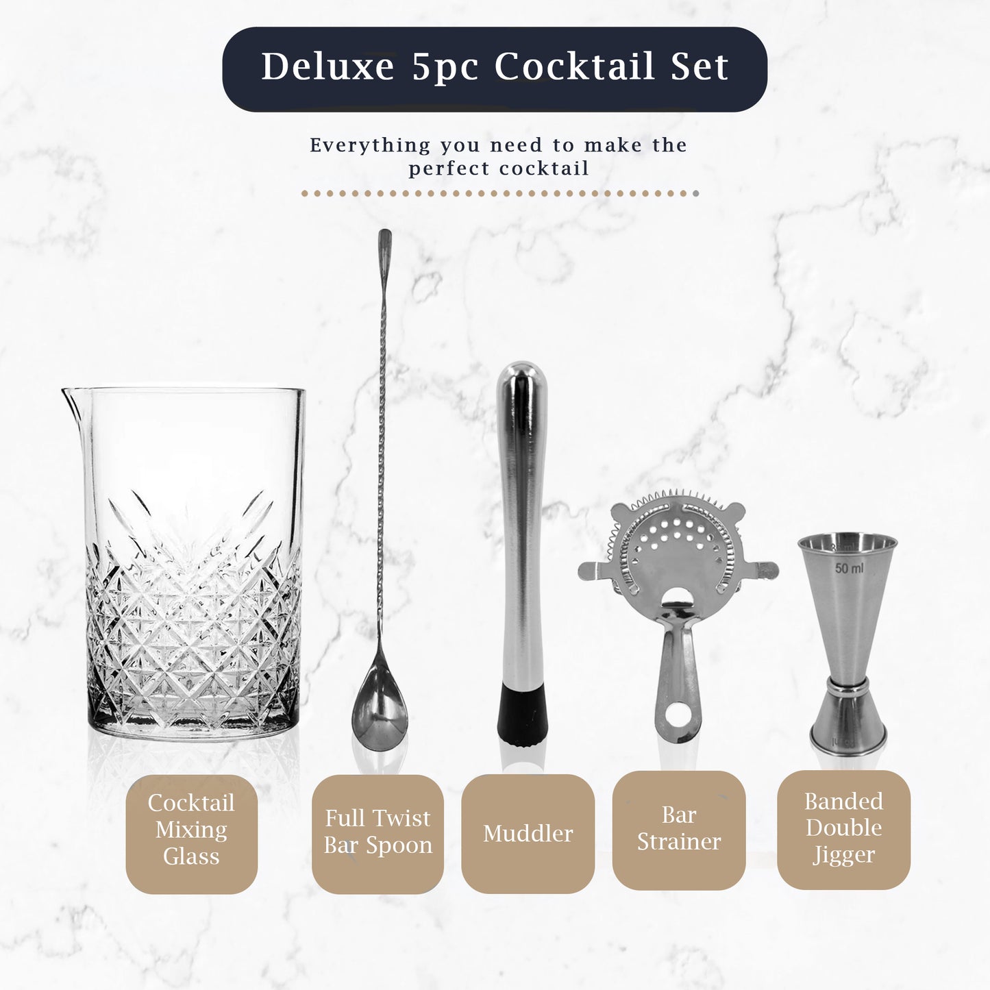 5 Piece Cocktail Mixing Glass Set – Large Mixing Jug for Cocktails, Includes Hawthorne Strainer, 25/50ml Jigger, Cocktail Spoon & Muddler