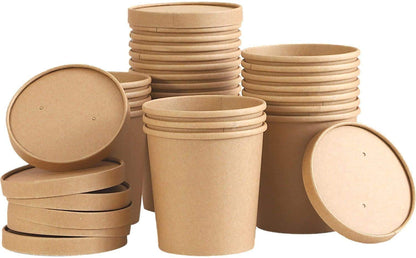 Disposable Kraft Soup Ice Cream Container with Lids 25pcs Compostable Biodegradable Brown Takeaway Paper Bowl Containers Cardboard Round Deli Tubs Lids Heavy Duty - Premium Kitchen from Chabrias Ltd - Just £9.49! Shop now at Chabrias Ltd