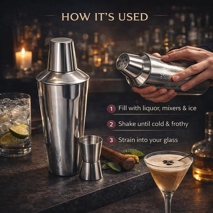 Premium Stainless Steel Cocktail Shaker Set 3 Piece 750ml Built-In Strainer Professional Bartender Kit Leakproof Dishwasher Safe
