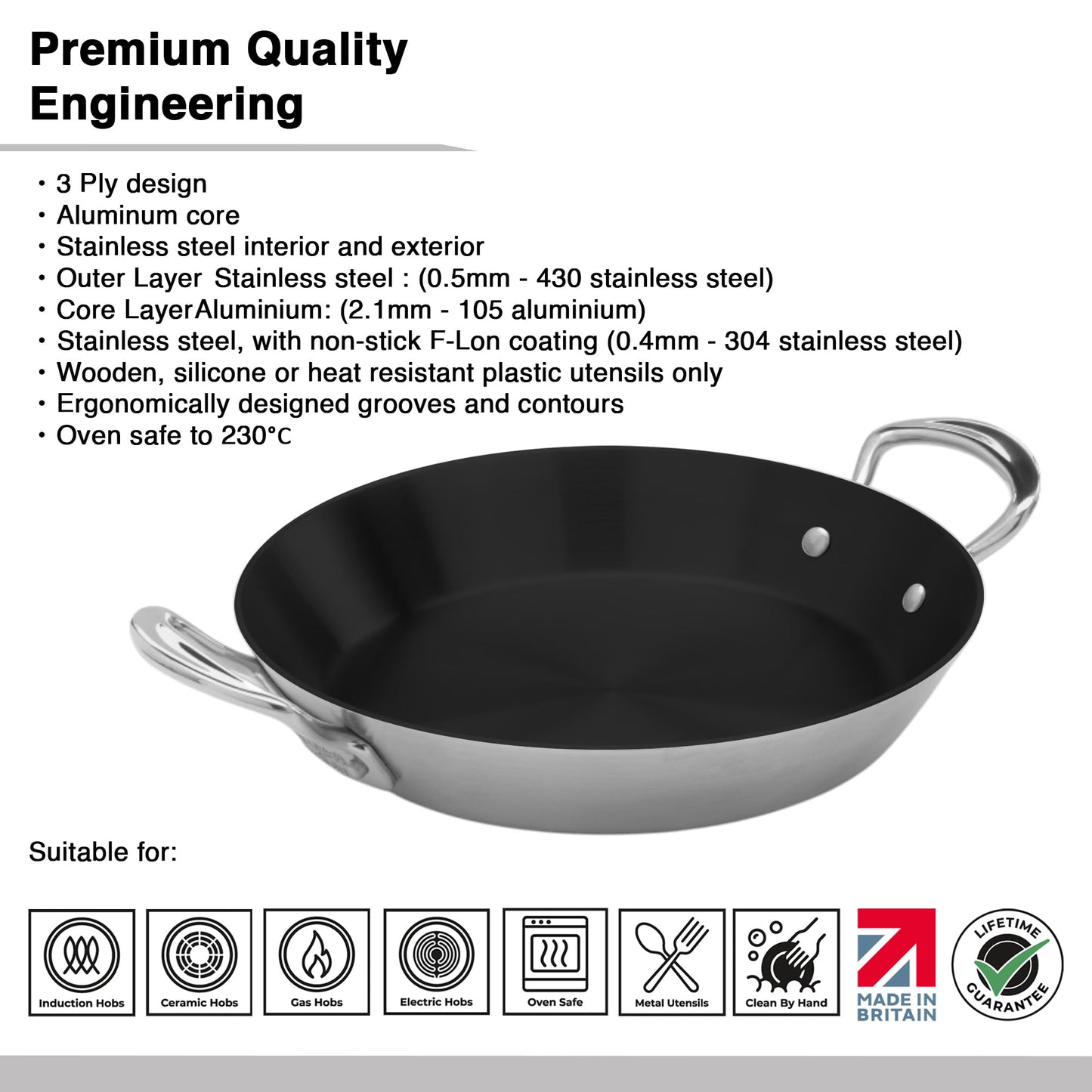 Samuel Groves Stainless Steel Non Stick 3-Ply Paella Pan – Rapid Heat Distribution, Durable Design, Riveted Handles, Induction Compatible, UK Made - Premium Kitchen from Samuel Groves - Just £85.49! Shop now at Chabrias Ltd