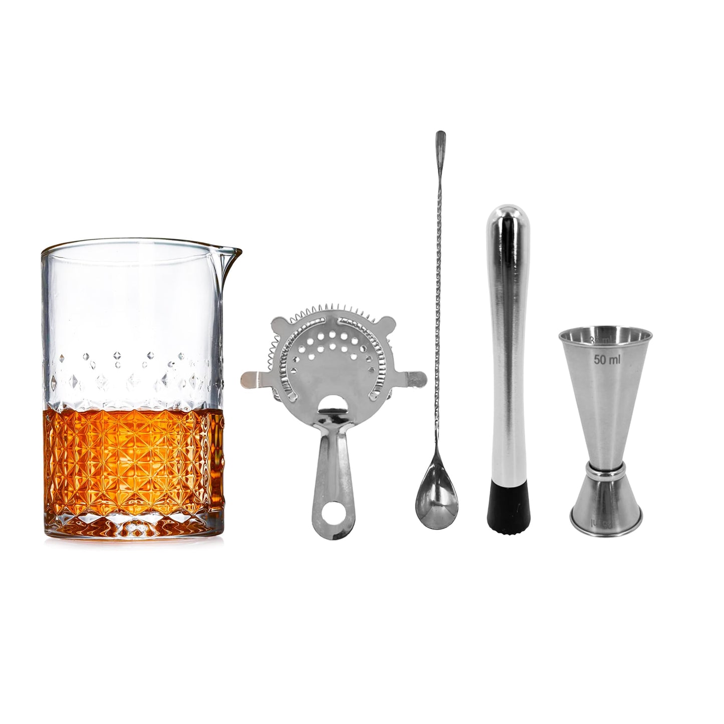 5 Piece Cocktail Mixing Glass Set – Large Mixing Jug for 3 Cocktails, Includes Hawthorne Strainer, 25/50ml Jigger, Cocktail Spoon & Muddler - Premium Home from Chabrias Ltd - Just £18.99! Shop now at Chabrias Ltd