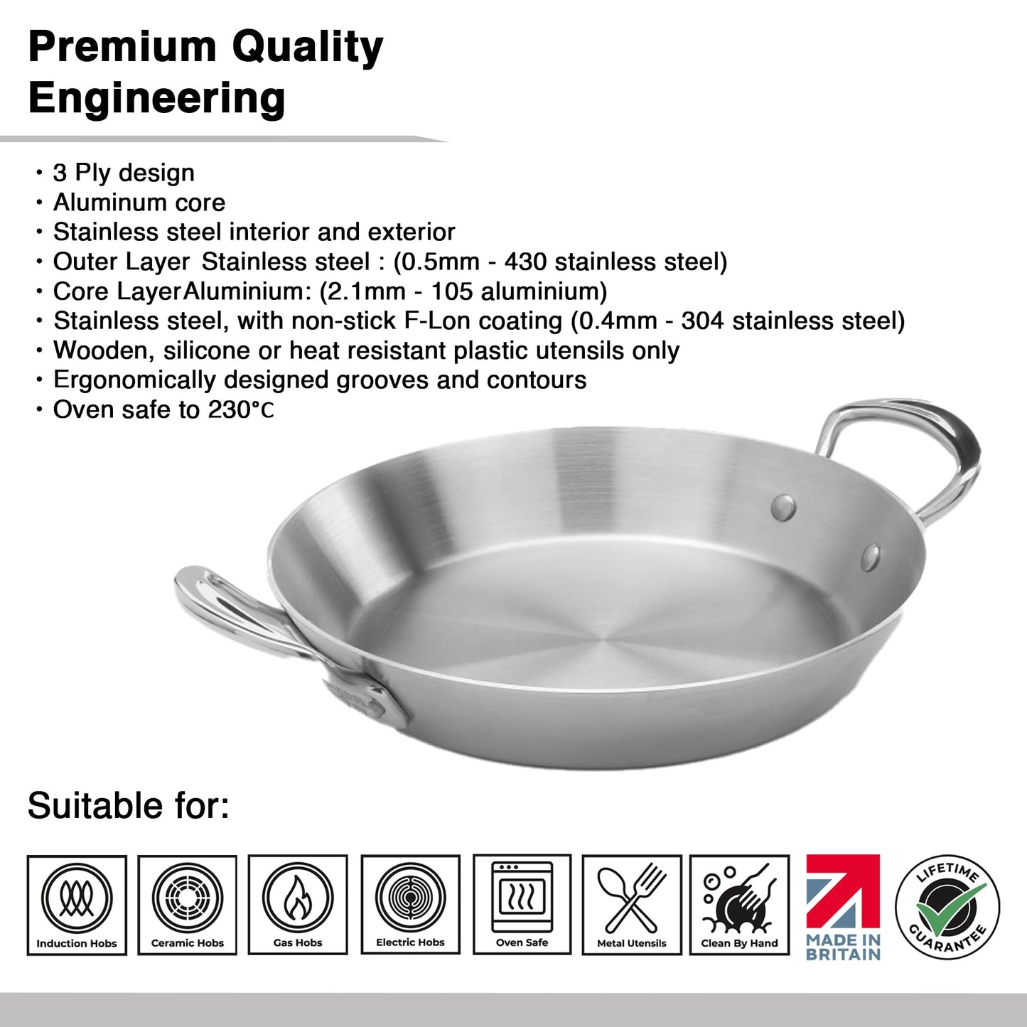 Samuel Groves Stainless Steel Non Stick 3-Ply Paella Pan – Rapid Heat Distribution, Durable Design, Riveted Handles, Induction Compatible, UK Made - Premium Kitchen from Samuel Groves - Just £99.99! Shop now at Chabrias Ltd