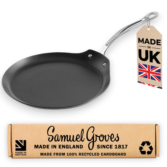 Samuel Groves - Classic Non Stick Stainless Steel Tri-Ply Crepe Frying Pan - Rapid Heat Distribution - Suitable for All Hobs, Including Induction Made in England - Premium Kitchen from Samuel Groves - Just £118.75! Shop now at Chabrias Ltd