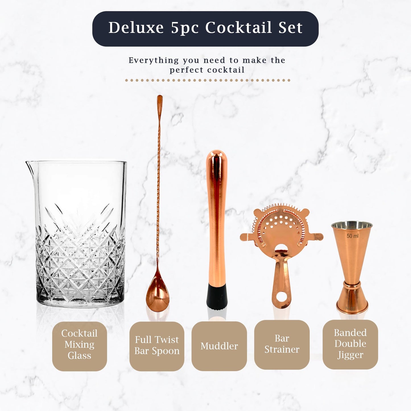 5 Piece Cocktail Mixing Glass Set – Large Mixing Jug for 3 Cocktails, Includes Hawthorne Strainer, 25/50ml Jigger, Cocktail Spoon & Muddler - Premium Home from Chabrias Ltd - Just £18.99! Shop now at Chabrias Ltd